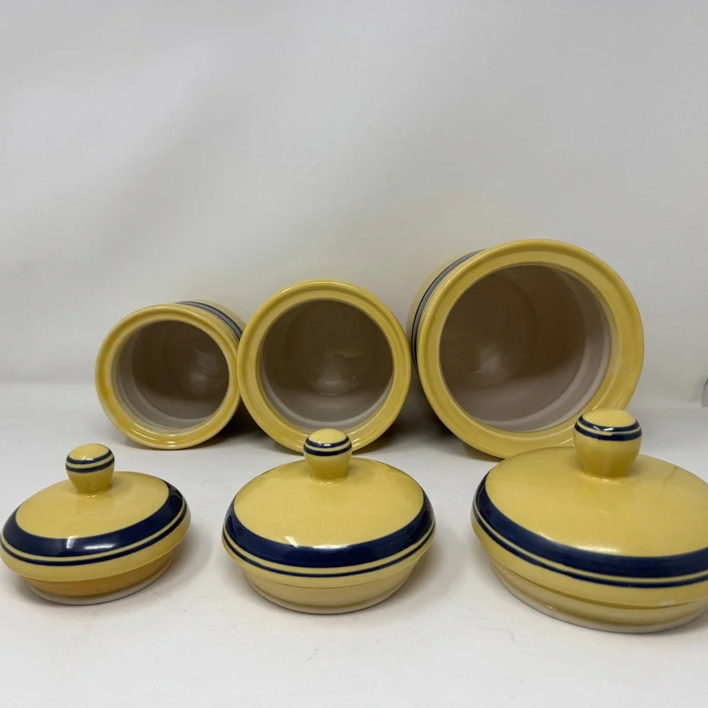 Gibson Yellow Blue Stripe Ceramic Canister Set Lidded Kitchen Storage Grannycore